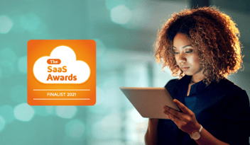 woman on tablet device with icon stating: The SaaS Awards, Finalist 2021