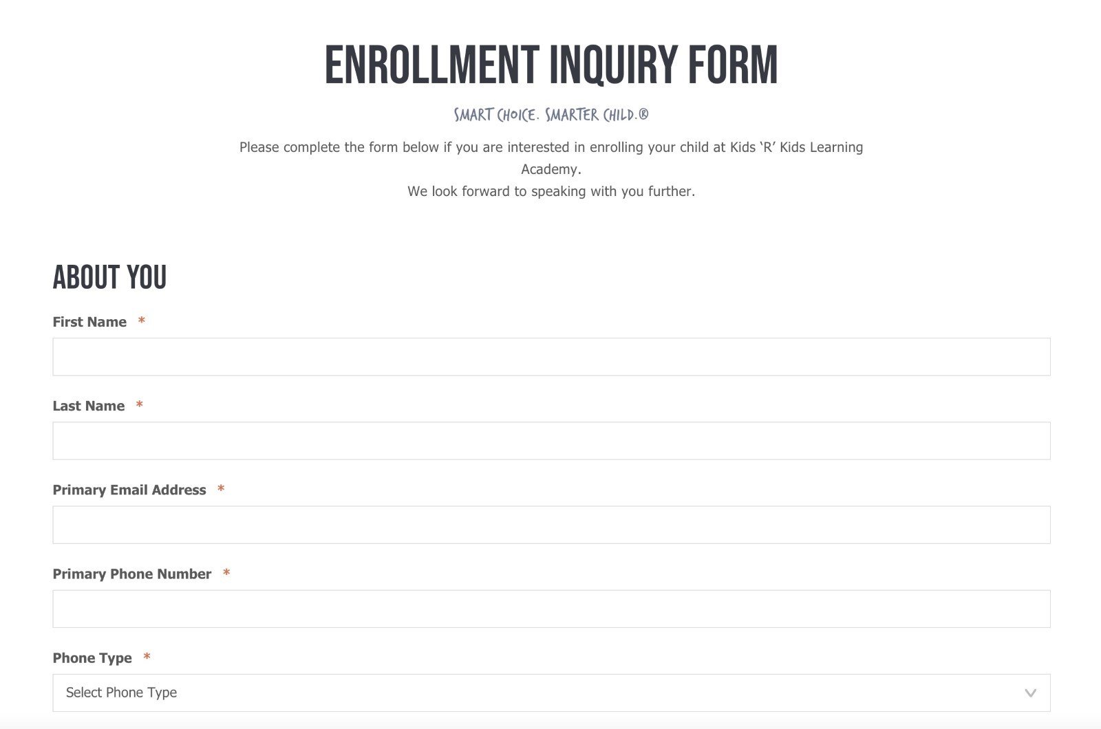 Kids R Kids Enrollment Inquiry Form